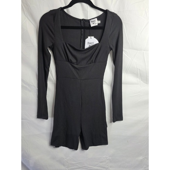 Princess Polly Pants - Princess Polly Black Ribbed Long Sleeve Romper Square Neck Cowl Bust Size 4 NWT